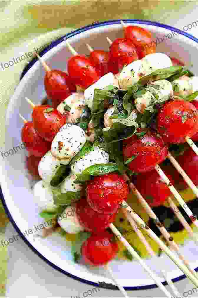 A Platter Of Caprese Skewers, With Fresh Mozzarella, Cherry Tomatoes, And Basil Leaves. Snacks And Appetizers:: Appetizers Snacks And Dips For Any Occasion