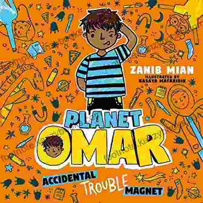 Planet Omar: Accidental Trouble Magnet Book Cover, Featuring A Clumsy Alien Surrounded By Chaos Planet Omar: Accidental Trouble Magnet